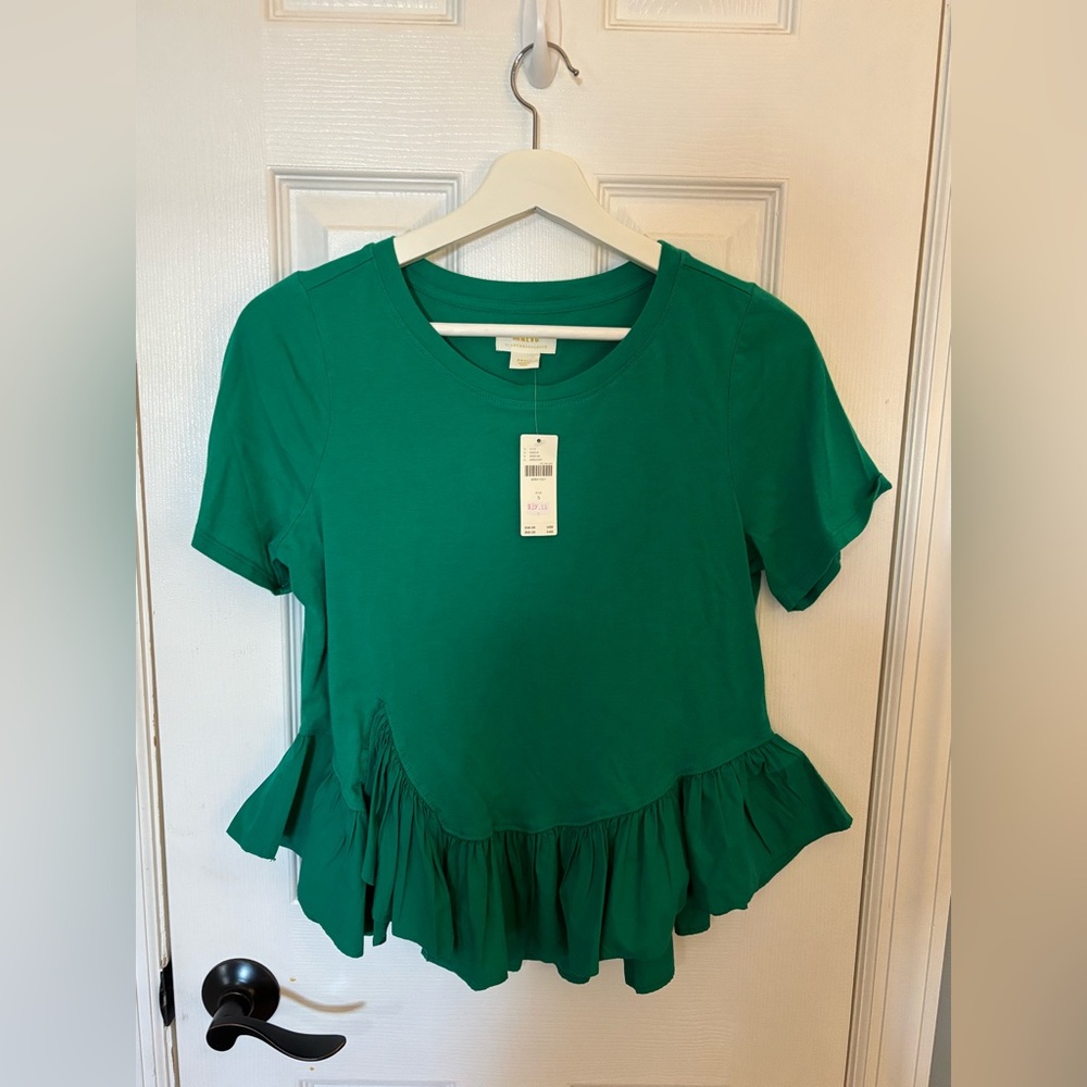 Anthropologie Maeve Emerald Green Short Sleeve Ruffle Hem Tee